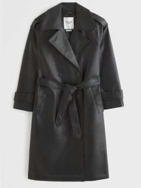 Abercrombie Black Faux Leather Belted Trench Coat